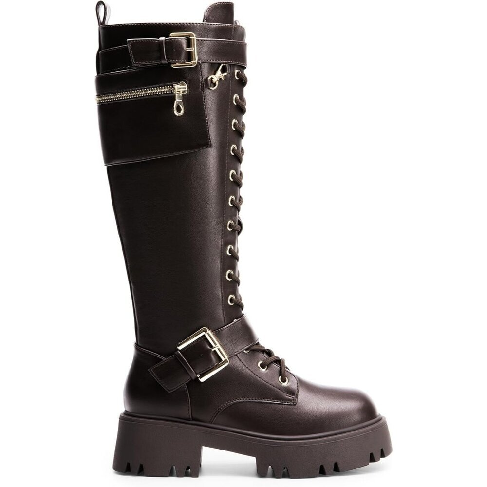 Women's Leather Brown Combat Platform Knee High Lace Up Boots Motorcycle Boots - Picture 4 of 9